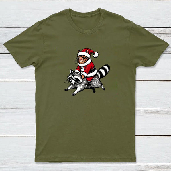Santa Cat on A Raccoon Geek T-Shirt